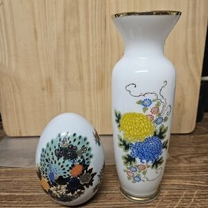 Vintage Giftcraft Porcelain Oriental Handpainted Floral Vase and Ceramic Egg